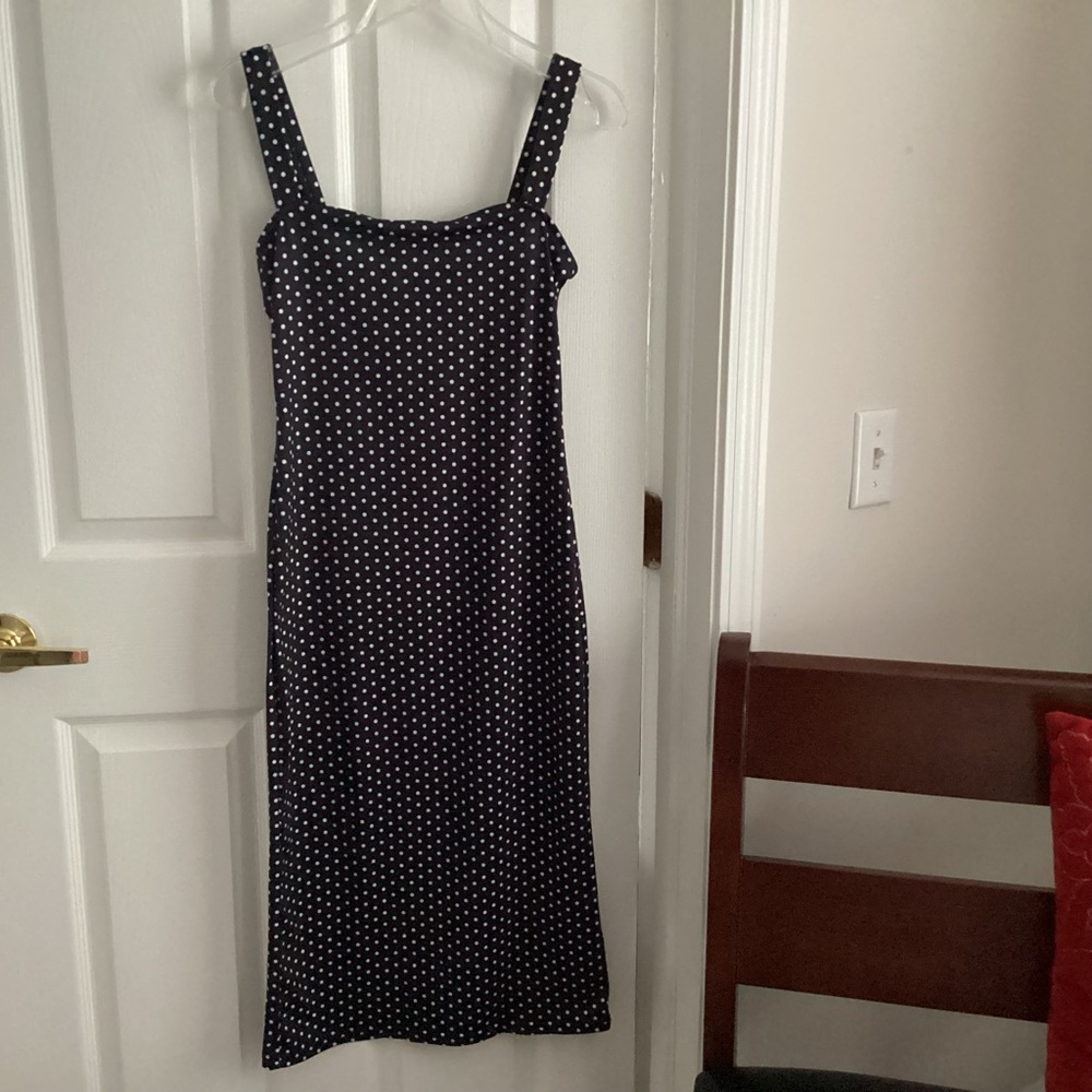 black square neck  polka dot midi pencil dress